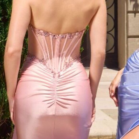 New Blush Beaded Graduation Long Satin Gown w/Corset Bodice & Side Drape CD C169 - Picture 8 of 9